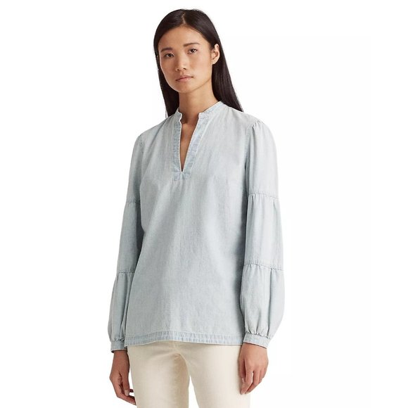 LAUREN RALPH LAUREN Chambray V-Neck Top - Vintage Chambray Wash - Medium Petite - Picture 4 of 4